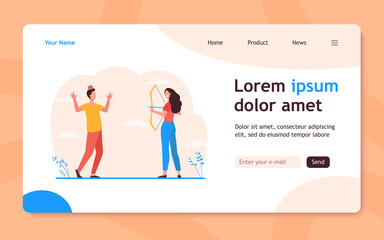 Woman with bow aiming arrow at apple on mans head. Doing archery, target, risk. Flat vector illustration. Relationship, trust, danger concept for banner, website design or landing web page