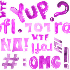 Watercolor illustrated pink pattern of social network and text shortcuts like lol, omg, yup, rofl, ily and etc.
