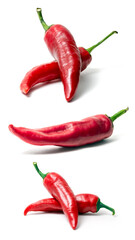 Red hot chili pepper isolated on white background. Spice for a delicious meal. A set of three images.