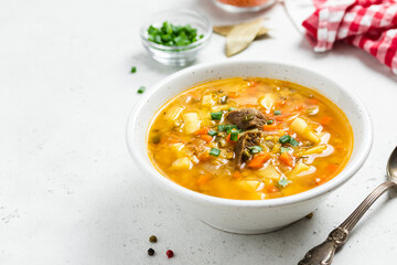 Scottish ham red lentil soup. Copy space.