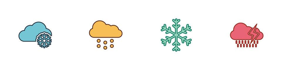 Set Cloud with snow, , Snowflake and rain and lightning icon. Vector