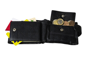 Naklejka premium a classic men's wallet in black color lies on a flat surface in an open form