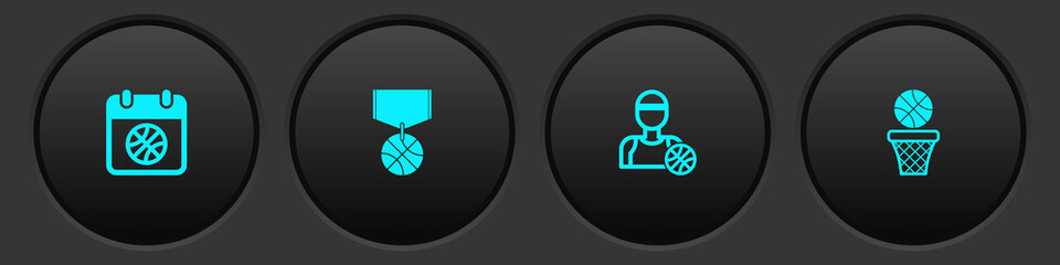 Set Basketball on sport calendar, medal, player and and basket icon. Vector