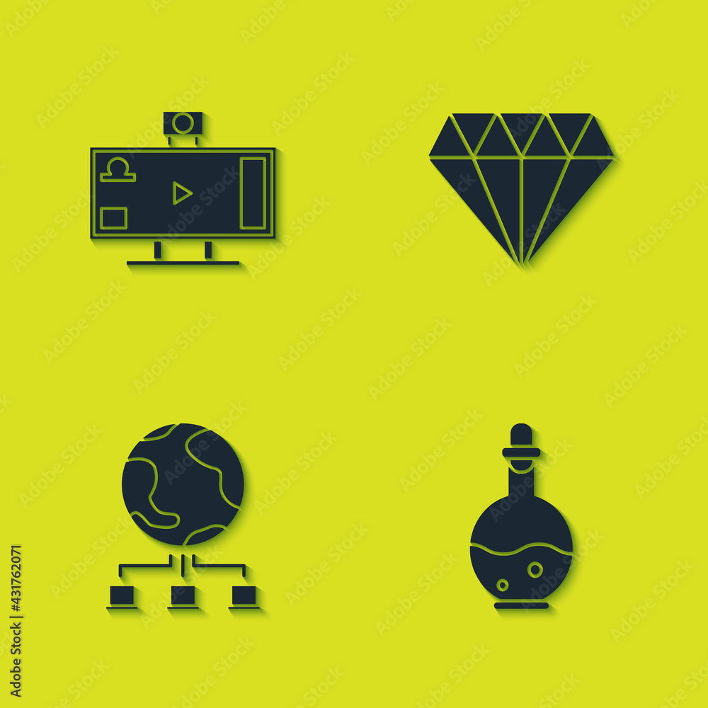 Poster set live streaming online, bottle with magic elixir, computer network and diamond icon. vector