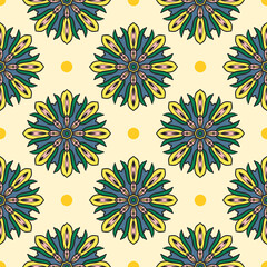 Abstract seamless pattern with mandala flower. Mosaic, tile, polka dot. Floral background.
