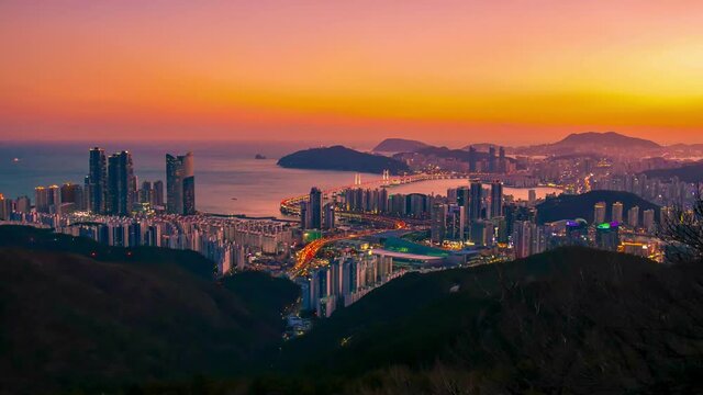 Timelapse video of Busan city at sunset, South Korea.