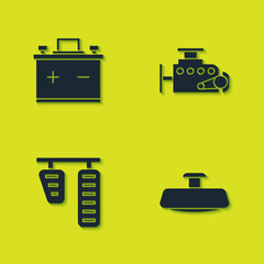 Set Car battery, mirror, gas and brake pedals and engine icon. Vector