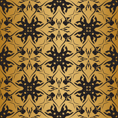 Fototapeta premium Black seamless pattern with gold ornaments. Good for backgrounds, prints, apparel and textiles. Vector illustration.