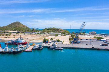 Aerial view of tug boat in the ocean, Thailand.
