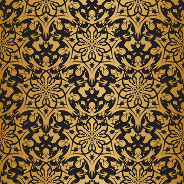 Black seamless pattern with gold ornaments. Good for covers, fabrics, postcards and printing. Vector illustration.
