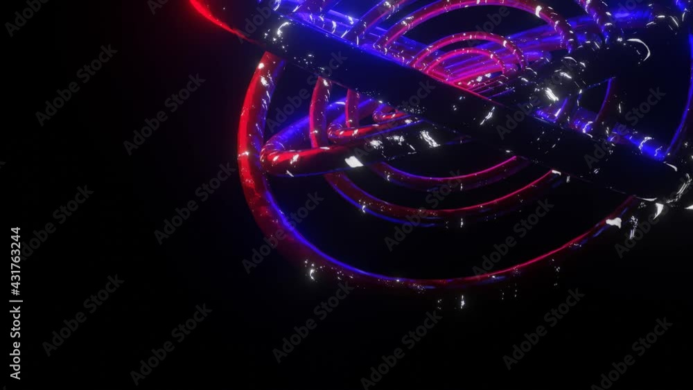 Poster rotating purple three-dimensional rings with a luminous texture. looped animation. 3d render