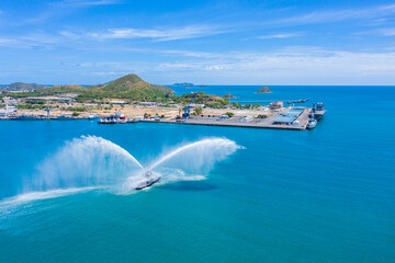 Aerial view of tug boat in the ocean, Thailand.