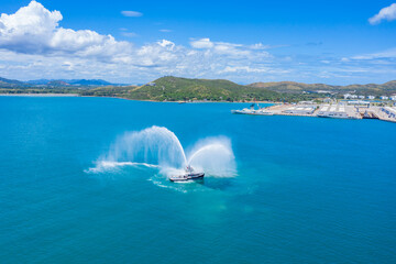 Aerial view of tug boat in the ocean, Thailand.