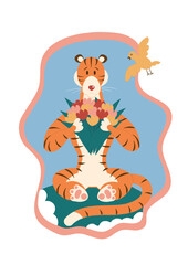 A cute funny tiger sits in a meadow and holds a bouquet of tulips in his hands. Spring colorful vector illustration.