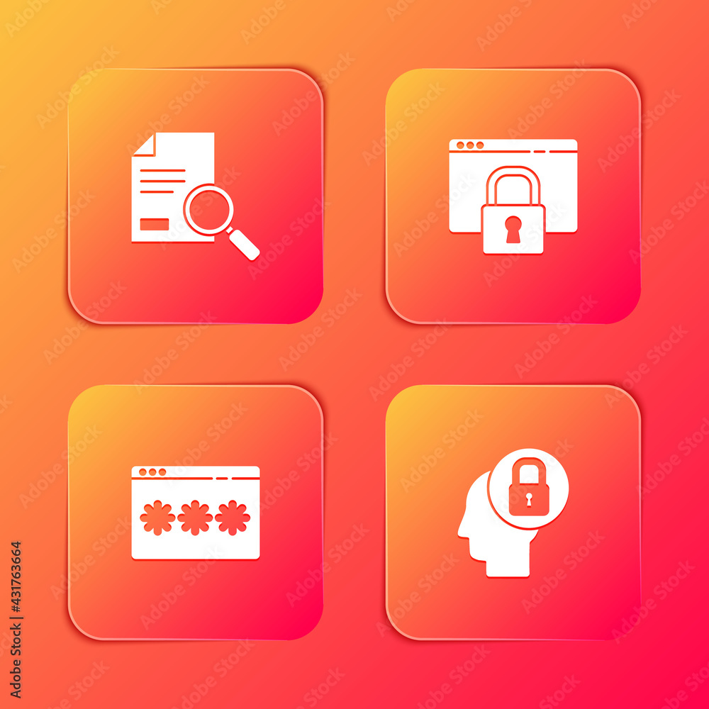 Poster set document with search, secure your site https, ssl, password protection and human head lock icon.