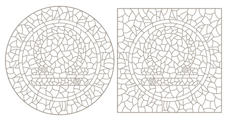 Set of contour illustrations in the style of stained glass with the signs of the zodiac Libra, dark contours on a white background