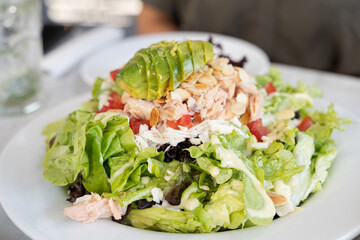 Big green salad with tuna, avocado and tomatoes. Healthy vegetarian food menu concept