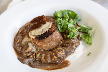 Beef steak with risotto fungi plate. Delicious non vegetarian food menu concept