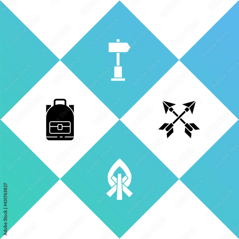 Poster Set Hiking backpack, Campfire, Road traffic signpost and Crossed arrows icon. Vector