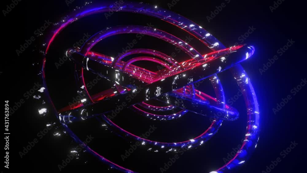 Poster rotating purple three-dimensional rings with a luminous texture. looped animation. 3d render