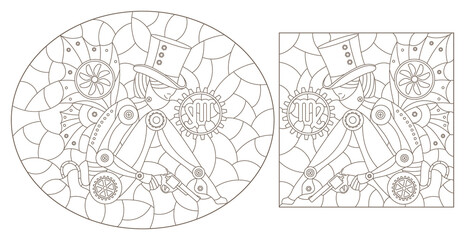 Set of contour illustrations in the style of stained glass with steam punk signs of the zodiac Virgo, dark contours on a white background