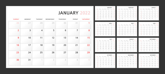 Wall quarterly calendar template for 2022 in a classic minimalist style. Week starts on Sunday. Ready to print