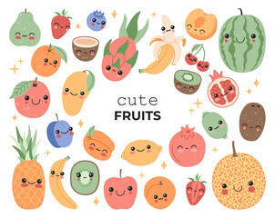 Cute little fruits with smiling face cartoon clip art for kids. Kawaii healthy tropical fruit collection. Magic characters set in flat doodle style. Modern trendy vector illustration white background