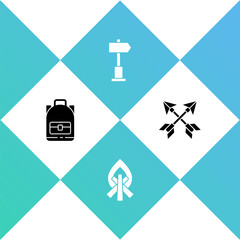 Set Hiking backpack, Campfire, Road traffic signpost and Crossed arrows icon. Vector