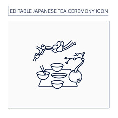 Kaiseki line icon. Traditional multi-course Japanese dinner. Ancient Japanese ceremony. Different ware, bonsai trees. Sakura twig. Tea ceremony concept.Isolated vector illustration.Editable stroke