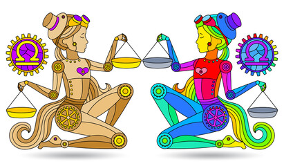Illustration in the style of a stained glass window with a set of zodiac signs Libra, figures isolated on a white background