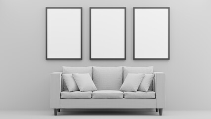 3d render of living room interior with picture frame sofa for your mockup