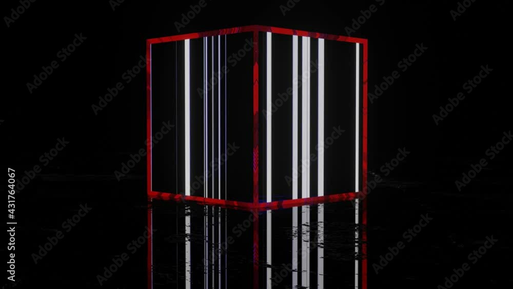 Poster a three-dimensional dark cube with a glowing animated surface on a black textured floor. looped anim