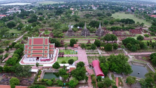 Aerial landscape of Ayutthaya historical park in Ayutthaya province of Thailand. Ayutthaya Historical Park has been registered as a UNESCO World Heritage Site.