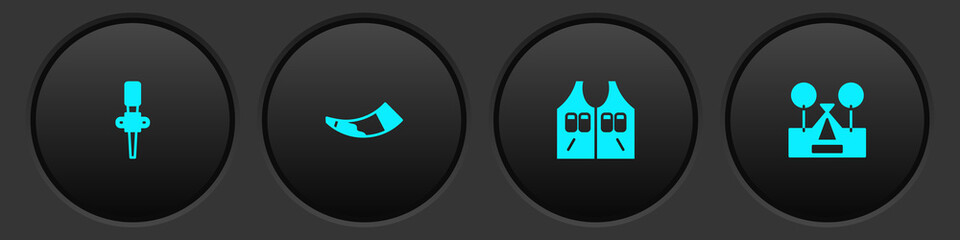 Set Torch flame, Hunting horn, jacket and Tourist tent icon. Vector