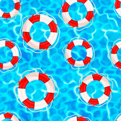 Lot of bright realistic marine lifebuoys on white, water safety seamless pattern on shining water ripple