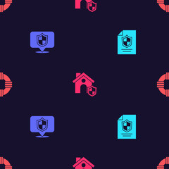 Set Contract with shield, Location, House and Lifebuoy on seamless pattern. Vector