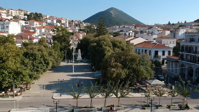 Aerial view of the beautiful seaside city of Pilos located in western Messenia, Greece