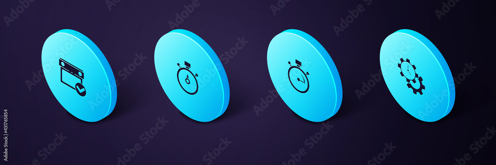 Poster set isometric time management, stopwatch, and calendar with check mark icon. vector