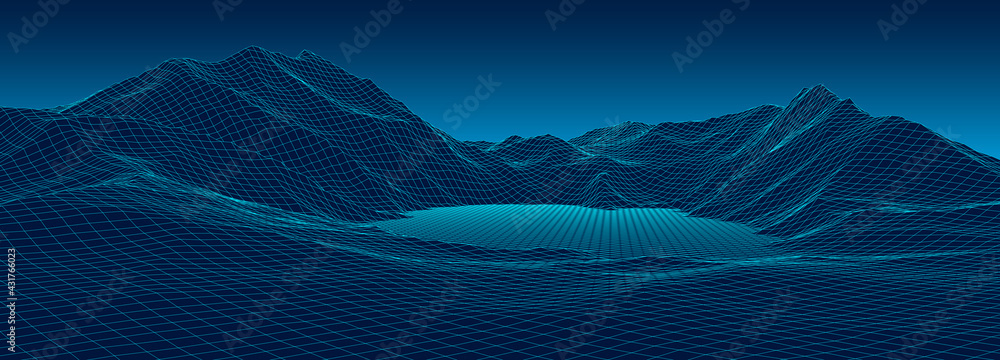 Poster vector gradient landscape of mountains. technology futuristic illustration. vector background of wir