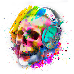 skull dj with colorful creative abstract elements on light background, close view 