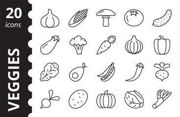 Vegetables, veggies line icon set. Healthy lifestyle. Vegetarian food. Vector outline symbols collection.