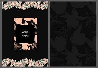 wedding invitation design; flowers, leaves, calligraphy brush isolated on black. Sketched floral and herbal motifs with flowers and fishnet insects. Suitable for postcards, banners