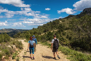 Fototapeta na wymiar Hikers walking down a country road, with a cloudy blue sky in the background.