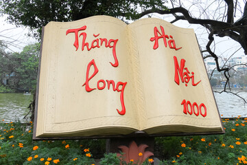 Giant open book art sculpture celebrating 1000 years of culture and founding of Hanoi at Hoan Kiem...