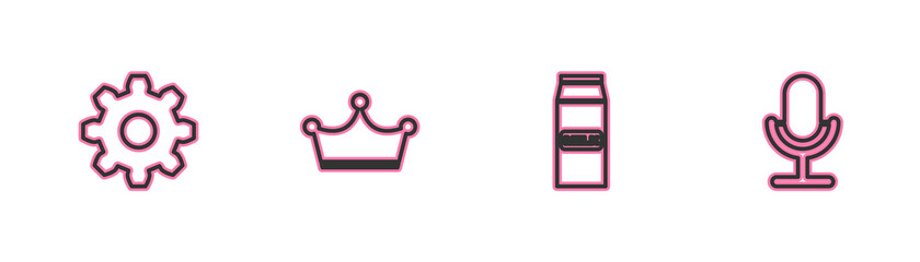 Set line Cogwheel gear settings, Paper package for milk, Crown and Microphone icon. Vector