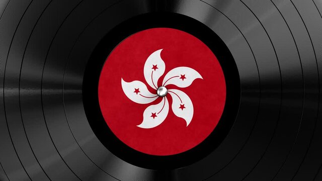 Realistic seamless looping 3D animation of the Hong Kong flag label vinyl record rendered in UHD