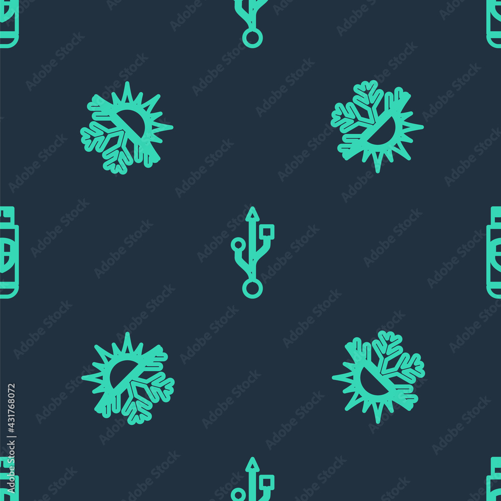 Poster set line usb, sun and snowflake and flash drive shield on seamless pattern. vector