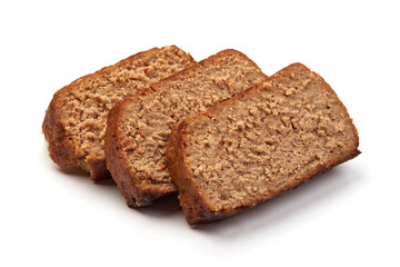 Homemade baked turkey meatloaf, isolated on white background