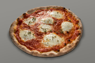pizza with tomato sauce and mozzarella cheese and oregano isolated on grey background