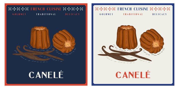 Canele with vanilla classic French pastry vintage illustration
